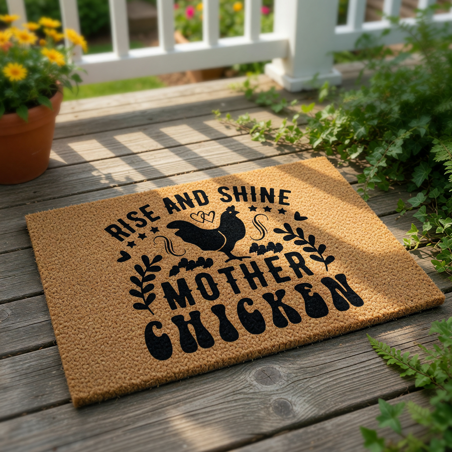 Mother Chicken Rise and Shine doormat featuring a black rooster silhouette on natural coir fiber, this farmhouse style welcome mat is a funny front porch decor piece for any chicken lover or farm animal enthusiast home entrance.