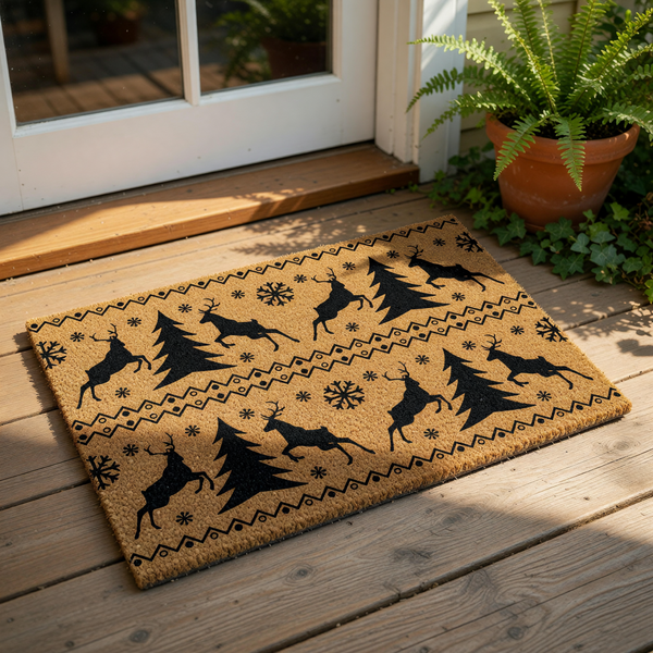Christmas reindeer doormat featuring a festive pattern of black leaping deer, pine trees, and snowflakes on a natural coir welcome mat, perfect for holiday porch decor and winter entryway floor mats for your home entrance.