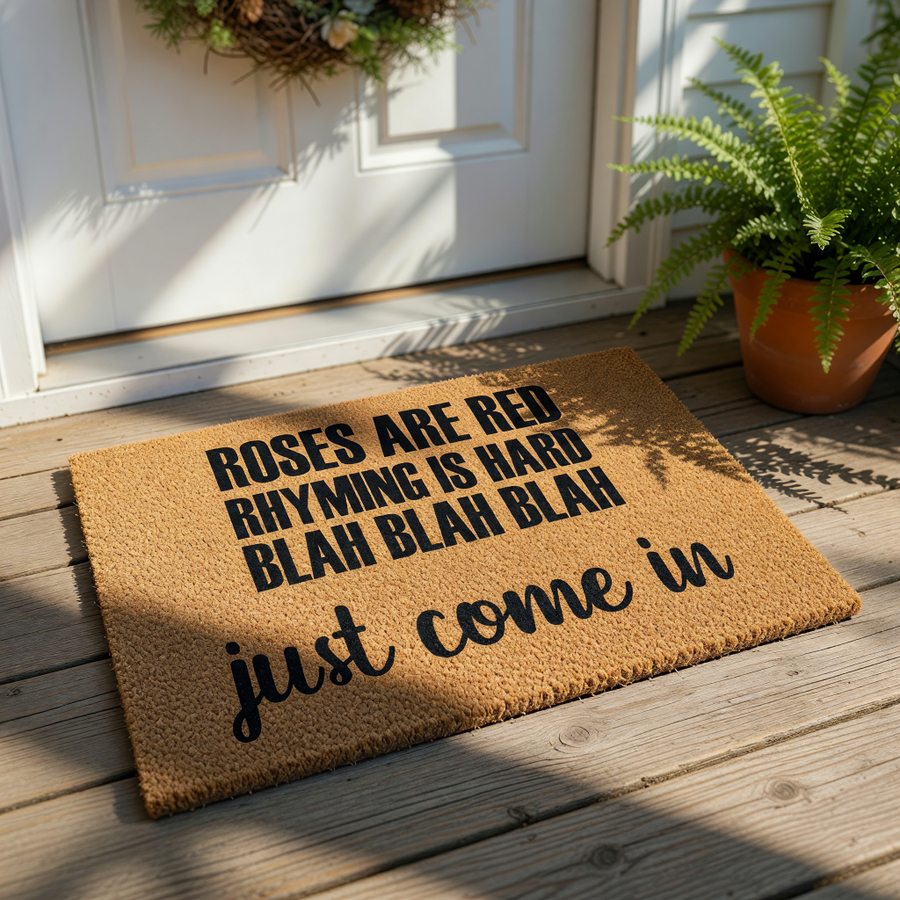 Funny doormat with the text Roses Are Red Rhyming Is Hard Blah Blah Blah Just Come In, featuring a natural coir fiber texture for a rustic front porch welcome mat that adds a humorous touch to your home entryway decor and floor