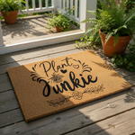Plant Junkie coir doormat with black script text and floral accents, this natural fiber welcome mat is a stylish outdoor rug for houseplant lovers and gardeners looking for a durable, decorative front porch entrance floor
