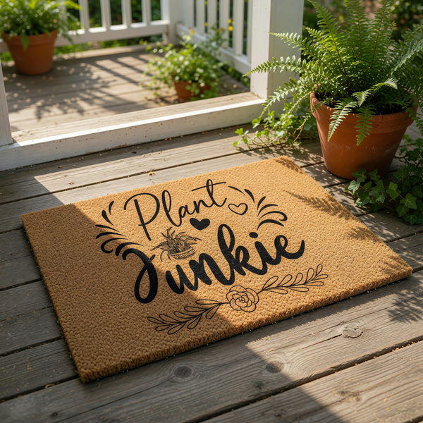 Plant Junkie coir doormat with black script text and floral accents, this natural fiber welcome mat is a stylish outdoor rug for houseplant lovers and gardeners looking for a durable, decorative front porch entrance floor