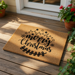 Merry Christmas coir doormat featuring a festive holiday design with black script text, string lights, stars, and snowflakes on a natural fiber welcome mat, perfect for seasonal front porch decor and winter home entryway floor