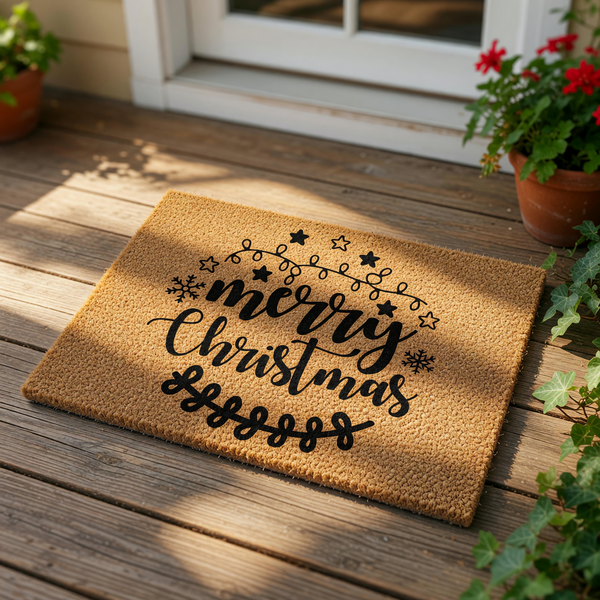 Merry Christmas coir doormat featuring a festive holiday design with black script text, string lights, stars, and snowflakes on a natural fiber welcome mat, perfect for seasonal front porch decor and winter home entryway floor
