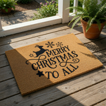 Merry Christmas to All coir doormat featuring a black reindeer, snowflakes, and stars design on a natural fiber welcome mat, perfect for holiday porch decor and seasonal entryway floor mats for your home during the winter season.