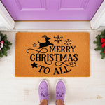 Merry Christmas to All doormat featuring a reindeer and snowflake design on a natural coir welcome mat, placed on a porch in front of a purple door with festive greenery, perfect for holiday home decor and seasonal entryway