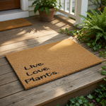 Live Love Plants coir doormat for plant lovers, featuring a natural fiber welcome mat with black text for your front porch, entryway, or garden decor, providing a durable and stylish outdoor floor mat for any home entrance.