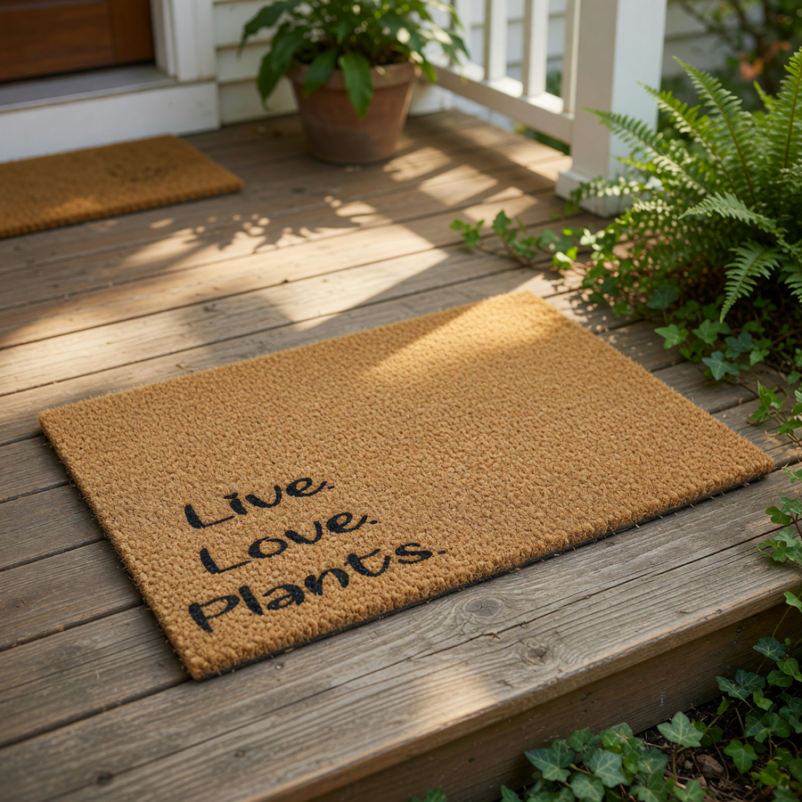 Live Love Plants coir doormat for plant lovers, featuring a natural fiber welcome mat with black text for your front porch, entryway, or garden decor, providing a durable and stylish outdoor floor mat for any home entrance.