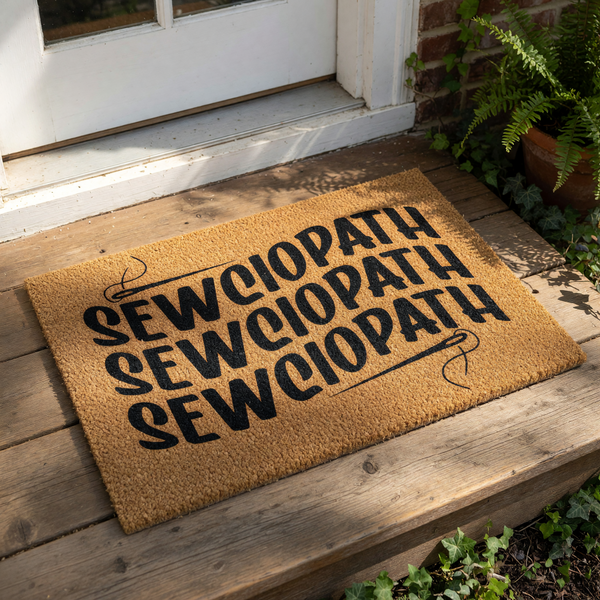 Sewciopath doormat for sewing lovers, featuring a funny craft room quote printed on a natural coir welcome mat with needle and thread graphics, perfect for a sewing room floor decor or a unique gift for a quilter or seamstress.
