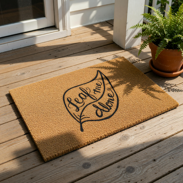 Leaf Me Alone coir doormat featuring a funny pun design on a natural fiber welcome mat, perfect for a front porch or entryway floor decor that adds a humorous touch to your home entrance with its unique plant-themed typography.