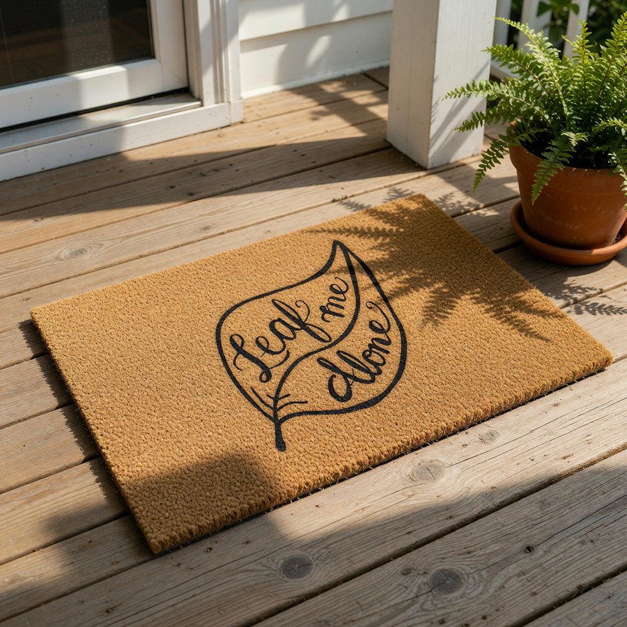 Leaf Me Alone coir doormat featuring a funny pun design on a natural fiber welcome mat, perfect for a front porch or entryway floor decor that adds a humorous touch to your home entrance with its unique plant-themed typography.