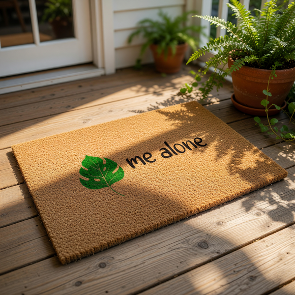 Leave me alone doormat with a green tropical leaf design on a natural coir fiber welcome mat, perfect for a funny front porch entrance rug or a quirky housewarming gift for introverts who love modern home decor and plant themes.