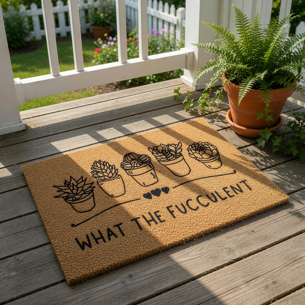 Funny succulent doormat with a natural coir fiber texture, featuring a line drawing of five potted plants and the humorous text What The Fucculent, making this a perfect cheeky welcome mat for plant lovers and home entryway decor.