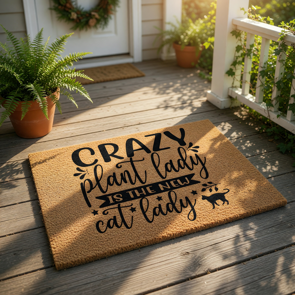 Crazy plant lady cat lady doormat for front porch, featuring a funny quote on natural coir fiber.