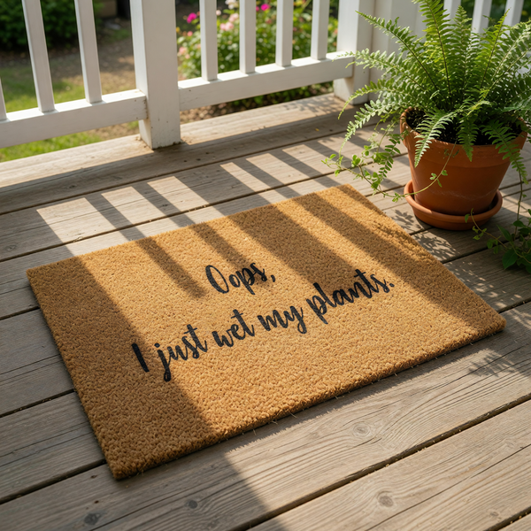Funny plant lover doormat with the text Oops I just wet my plants printed in black script on a natural coir fiber welcome mat, perfect for a front porch entry or garden decor for indoor houseplant enthusiasts and gardeners.