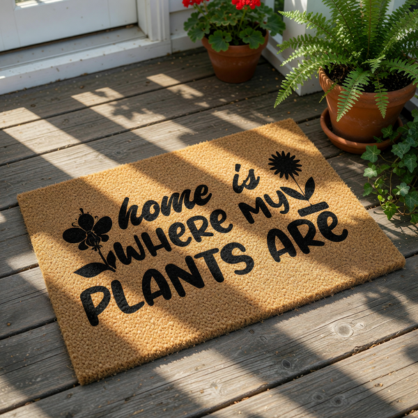 Home is where my plants are coir doormat featuring black text and botanical illustrations, this natural fiber welcome mat is a stylish outdoor floor rug for plant lovers and gardeners looking for unique home decor for their front