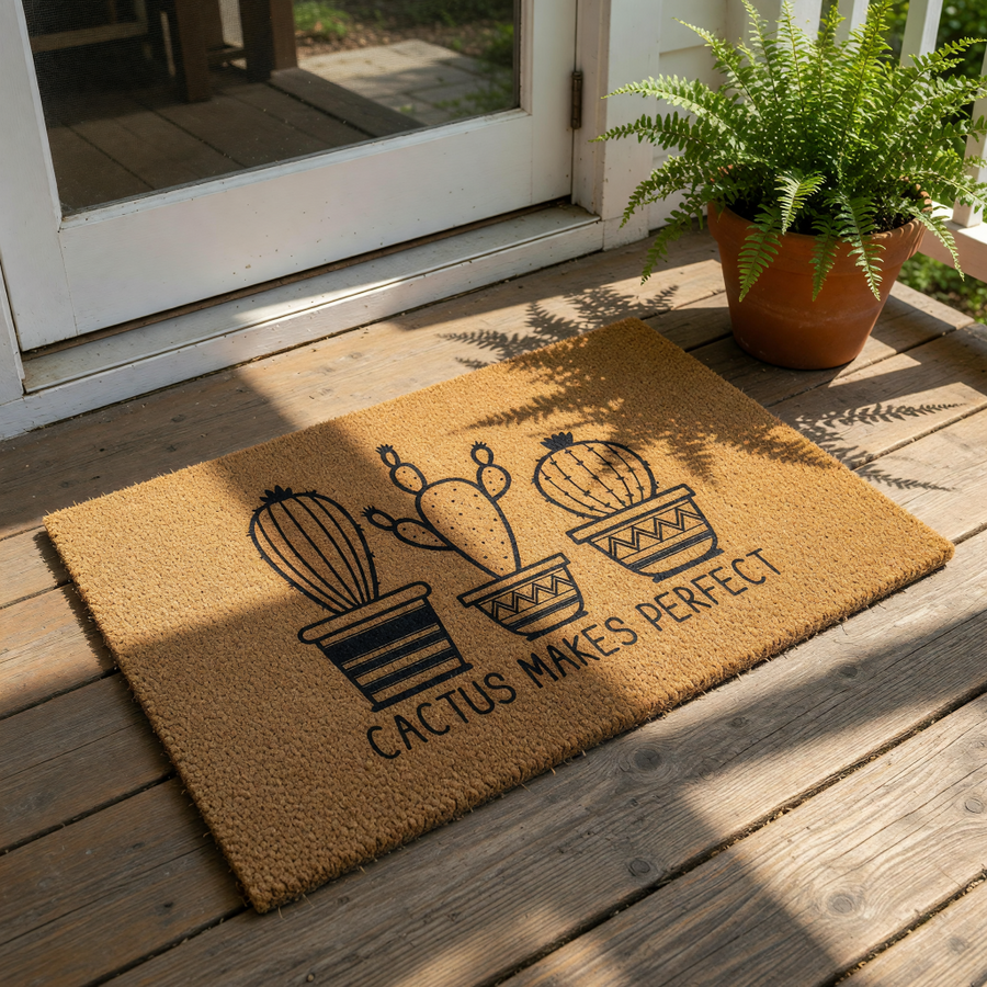 Cactus Makes Perfect doormat featuring three potted desert plants in a minimalist line art style on a natural coir welcome mat, providing a stylish and decorative entryway floor rug for any home or apartment front door decor.