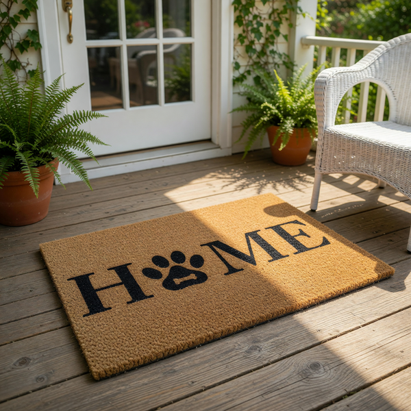 Dog paw print home doormat made of natural coir fiber, featuring a black printed design with a paw print replacing the letter O, perfect for a pet lover front porch entry way or as a durable outdoor welcome mat for dog owners.