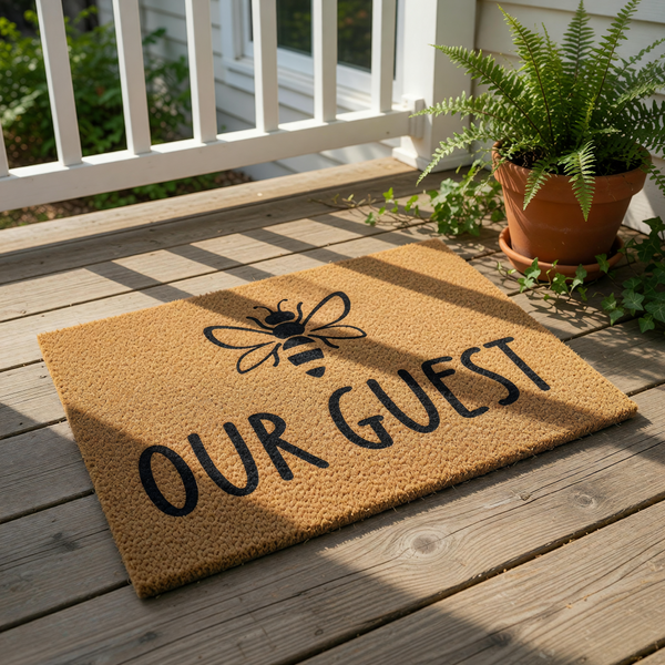 Bee Our Guest doormat featuring a cute bumblebee illustration on natural coir fiber, this outdoor welcome mat is a stylish front porch rug for home entryways and makes a charming housewarming decor piece for any bee lover.