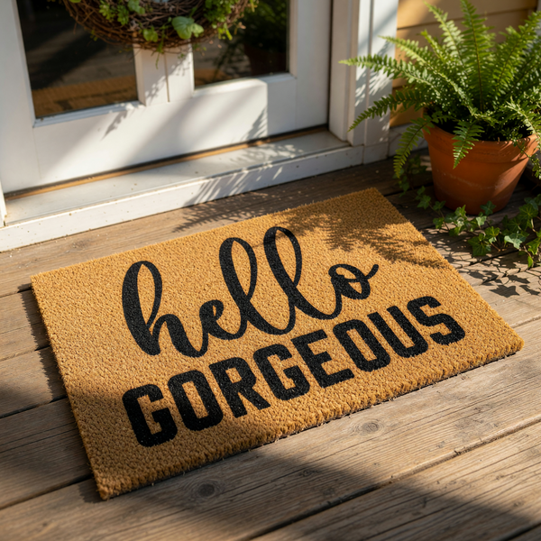 Hello Gorgeous doormat featuring bold black typography on a natural coir fiber mat, this stylish welcome mat serves as a decorative front porch rug or entryway floor mat for a modern home entrance with a fun and inviting message.