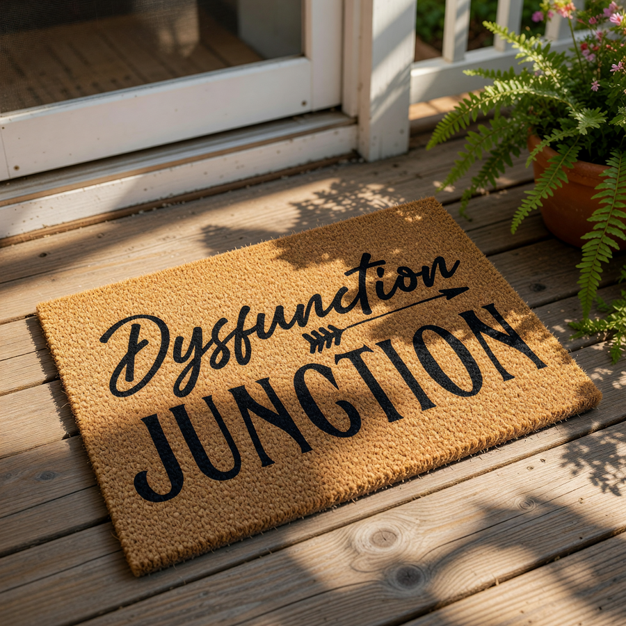 Funny Dysfunction Junction coir doormat with black text and an arrow design, perfect for a humorous front porch welcome mat or entryway rug that adds a touch of personality to your home decor and outdoor floor covering.