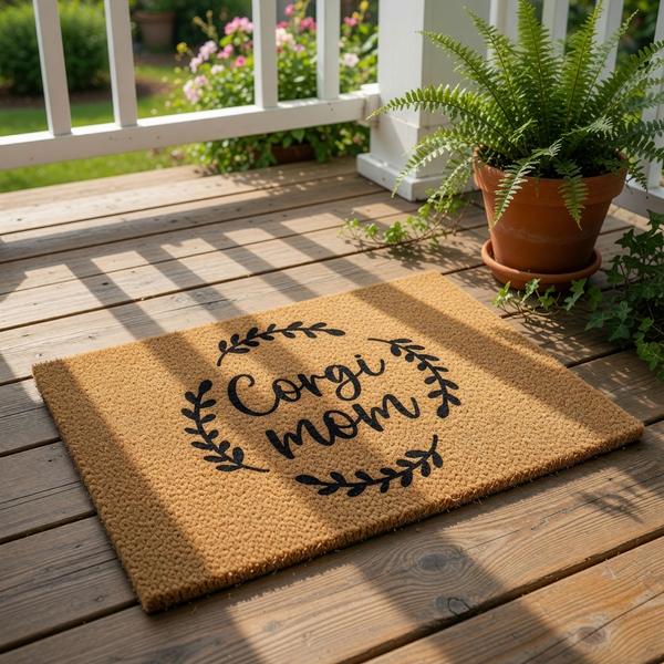 Corgi mom doormat featuring a natural coir fiber welcome mat with black text and a decorative leaf wreath design, perfect for dog lovers looking for a durable outdoor front porch rug or a stylish entryway floor mat for their home.