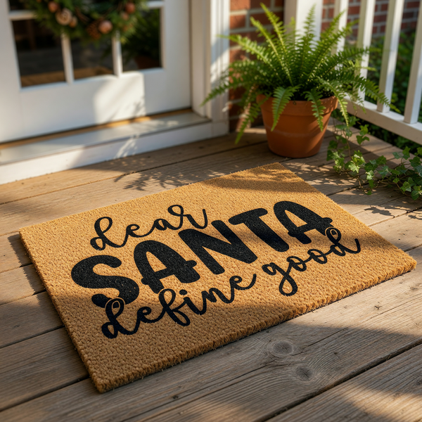 Funny Christmas doormat with the text Dear Santa Define Good, a natural coir fiber welcome mat for your front porch decor that adds a humorous holiday touch to your home entrance during the winter festive season.