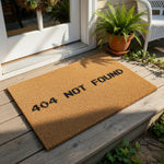 404 Not Found doormat featuring a funny computer error message printed on a natural coir fiber welcome mat, perfect for a tech-themed home entrance or a geeky front porch decor piece that adds a humorous touch to your entryway.