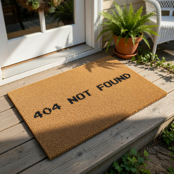 404 Not Found doormat featuring a funny computer error message printed on a natural coir fiber welcome mat, perfect for a tech-themed home entrance or a geeky front porch decor piece that adds a humorous touch to your entryway.