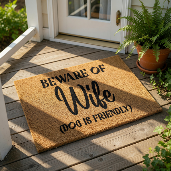 Beware of Wife Dog is Friendly doormat, a funny coir welcome mat for front porch entryways featuring bold black text on a natural brown fiber surface, perfect for humorous home decor and pet lovers looking for a unique