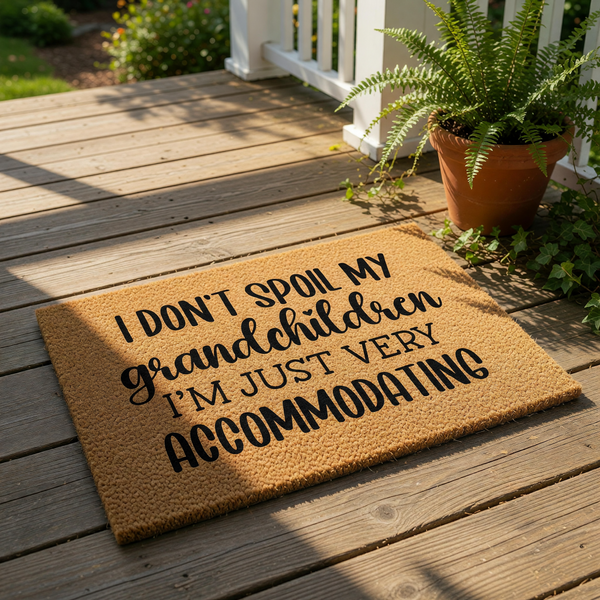 Funny grandparent doormat with text I don't spoil my grandchildren I'm just very accommodating, featuring a natural coir fiber welcome mat design that makes a humorous home decor piece for any grandma or grandpa front porch