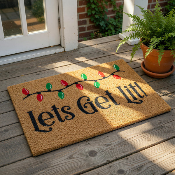 Lets Get Lit Christmas doormat featuring colorful holiday light bulbs on a natural coir fiber welcome mat, perfect for festive front porch decor and funny seasonal entryway floor mats for your home during the winter holiday
