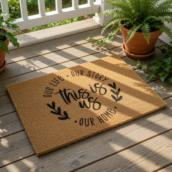 This Is Us doormat featuring natural coir fiber, a stylish welcome mat for front porch decor with black text reading Our Life Our Story Our Home, perfect for a housewarming entry rug on a wood deck with potted plants and sunlight.