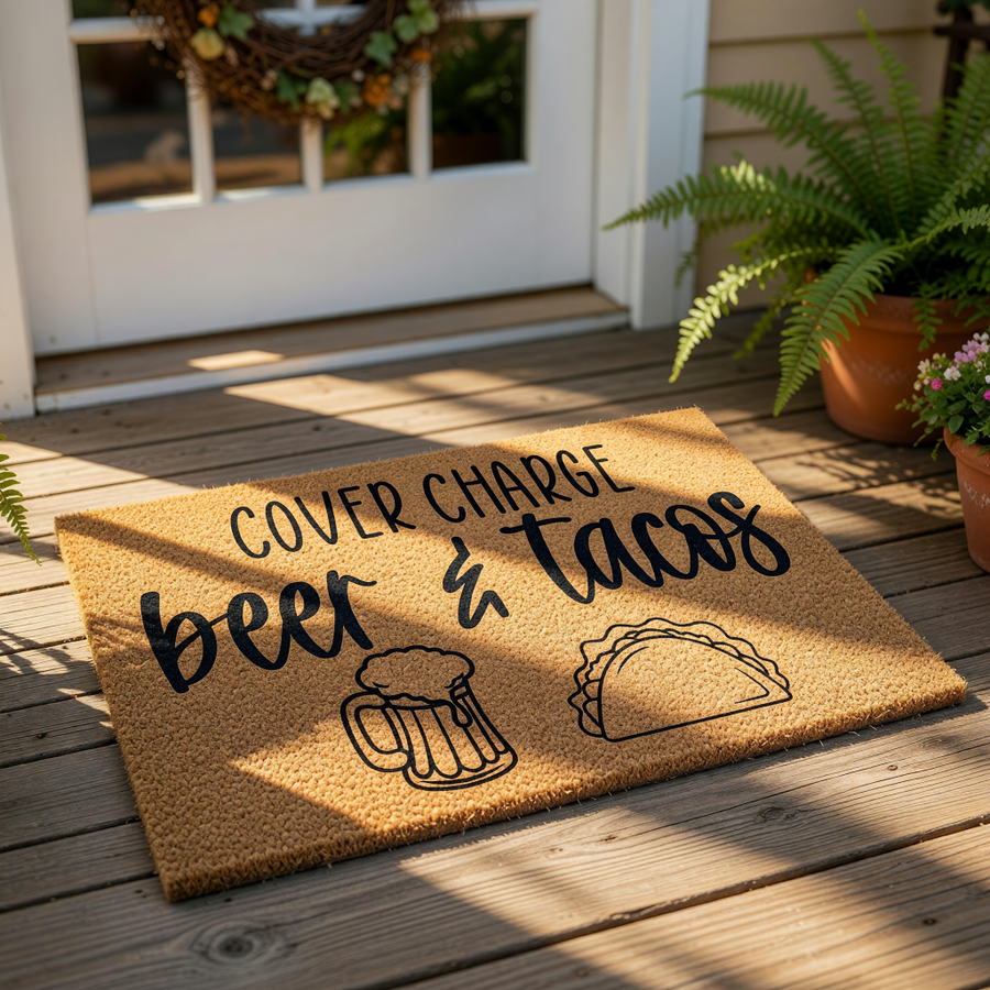 Funny beer and tacos doormat featuring a natural coir fiber texture with black text that reads Cover Charge beer and tacos, accompanied by line art illustrations of a frothy beer mug and a taco for a humorous front porch welcome