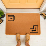 Gamer doormat featuring keyboard escape and enter key icons on a natural coir welcome mat, perfect for a gaming room entrance or front porch decor for video game fans who want a fun, geeky, and unique home entryway floor rug.