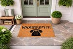 Funny Whassup doormat with a retro telephone icon, this natural coir welcome mat features a humorous greeting for your front porch, making it a stylish and quirky outdoor floor mat for any home entrance or housewarming gift idea.