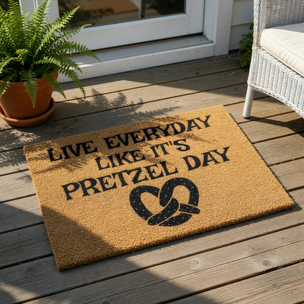 Funny Pretzel Day doormat made of natural coir fiber with black text that reads Live Everyday Like It's Pretzel Day, featuring a large pretzel graphic for a humorous front porch welcome mat or entryway floor rug decor.