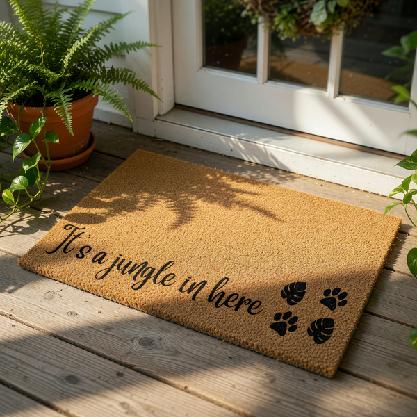 It's a jungle in here coir doormat with black text and paw print designs, this natural fiber welcome mat is a funny pet lover front porch rug that adds a playful touch to any home entryway or housewarming decor for animal owners.