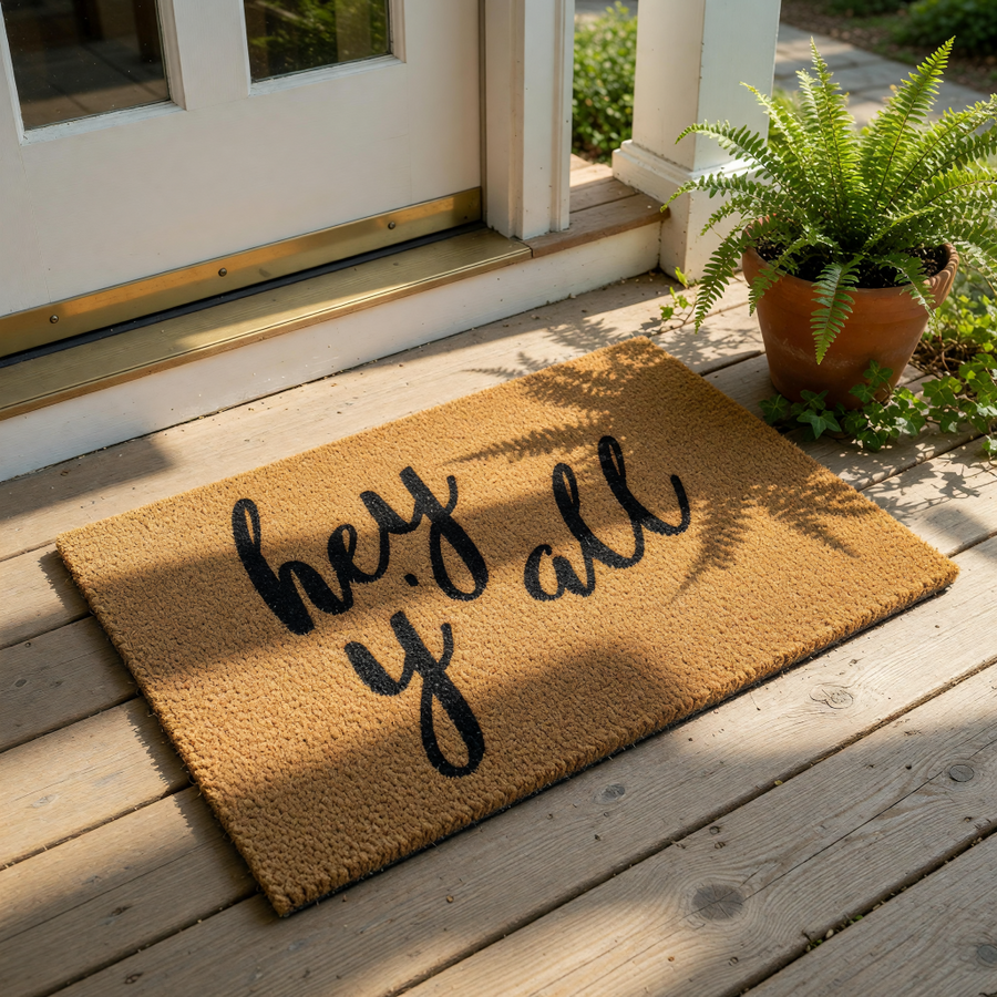 Hey Y'all doormat featuring black cursive script on a natural coir fiber mat, this rustic welcome mat is a durable outdoor floor rug for your front porch entry that adds a charming southern touch to your home decor and entryway.