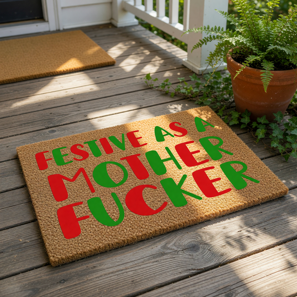 Funny Christmas doormat with festive as a motherfucker text in red and green, this rude holiday welcome mat is made of natural coir fiber and is a perfect front porch decor piece for those who love sarcastic and bold home