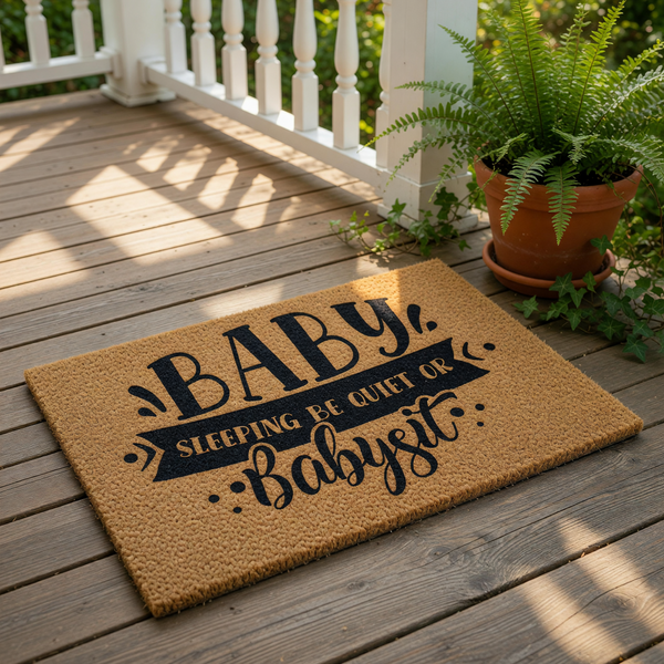 Baby Sleeping Be Quiet Or Babysit doormat, a funny coir welcome mat for new parents featuring bold black typography on a natural fiber rug, perfect for a nursery door or front porch to keep visitors quiet during nap time.