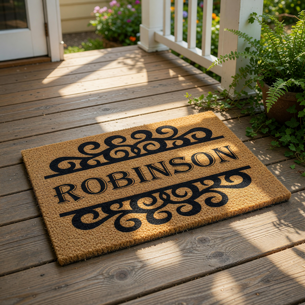 Personalized family name doormat featuring a classic scrollwork design on natural coir fiber, this custom welcome mat serves as a durable front porch rug for home entryways and makes a stylish housewarming or wedding house decor