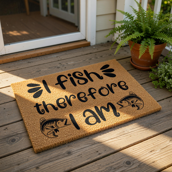 I fish therefore I am doormat, a funny fishing themed welcome mat for outdoor porch decor featuring black text and fish illustrations on a natural coir fiber rug, perfect for a fisherman or outdoor enthusiast home entrance.
