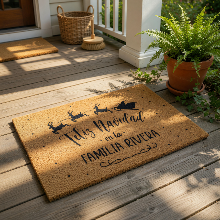 Personalized Feliz Navidad doormat featuring a festive reindeer and sleigh silhouette, perfect for a custom holiday welcome mat.