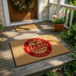 Holiday eggnog company doormat featuring a red circular logo on natural coir fiber, perfect for a festive front porch entrance.