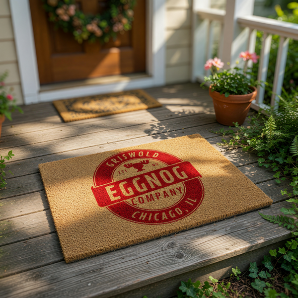 Holiday eggnog company doormat featuring a red circular logo on natural coir fiber, perfect for a festive front porch entrance.