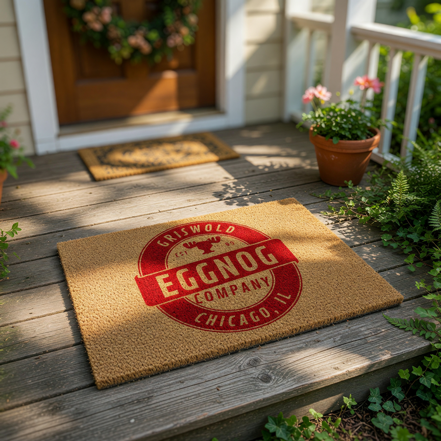 Holiday eggnog company doormat featuring a red circular logo on natural coir fiber, perfect for a festive front porch entrance.