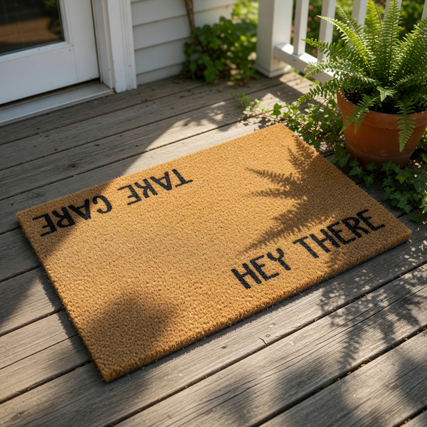 Hey There Take Care doormat, a natural coir fiber welcome mat for front porch entryways featuring bold black text that reads Hey There at the bottom and Take Care at the top, perfect for a modern home decor entrance floor rug.