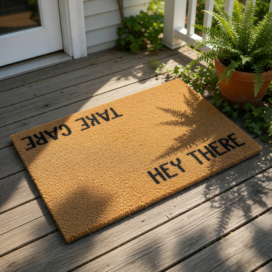 Hey There Take Care doormat, a natural coir fiber welcome mat for front porch entryways featuring bold black text that reads Hey There at the bottom and Take Care at the top, perfect for a modern home decor entrance floor rug.