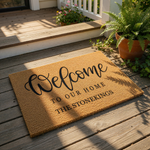 Personalized family name coir doormat featuring Welcome To Our Home text in a stylish script and serif font, this durable natural fiber welcome mat is a custom housewarming entry rug for your front porch or entryway decor.
