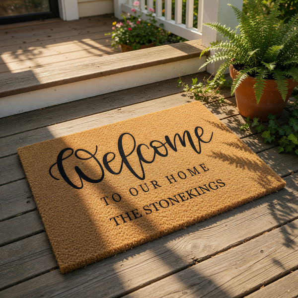 Personalized family name coir doormat featuring Welcome To Our Home text in a stylish script and serif font, this durable natural fiber welcome mat is a custom housewarming entry rug for your front porch or entryway decor.